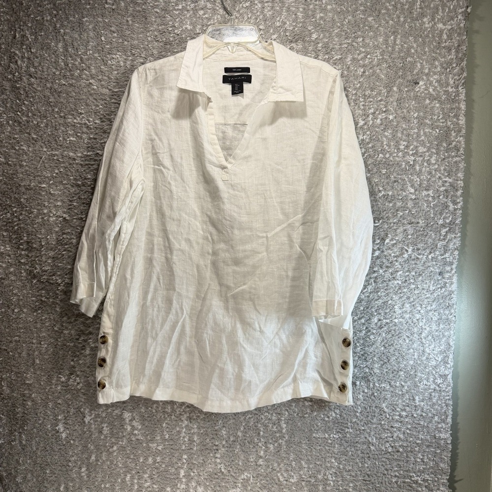 TAHARI Pullover Tunic Shirt White Linen 3/4 Sleeve L Buttons Beach Coastal Resor